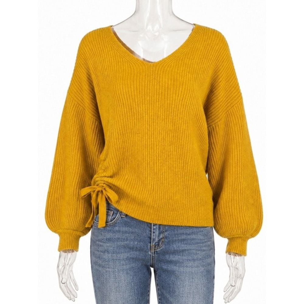 Lou & Grey Mustard Yellow Waffle Knit Side Tie Sweater Balloon Sleeve SKUW741